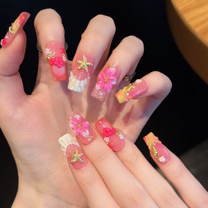 <span class=keywords><strong>Uñas</strong></span> Postizas Hechas a Mano Qianya, Degradado <span class=keywords><strong>Rosa</strong></span>, Flores Talladas en 3D, 10 Piezas, <span class=keywords><strong>Uñas</strong></span> Acrílicas, Punta Francesa, Estilo Europeo Americano, Venta al Por Mayor - Product Image 2