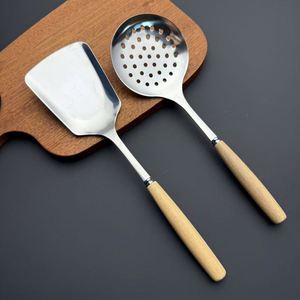 Ensemble d'ustensiles de cuisine deux pièces avec spatule et passoire, manche en bois, ustensiles de cuisine en acier inoxydable, types personnalisés - Product Image 2
