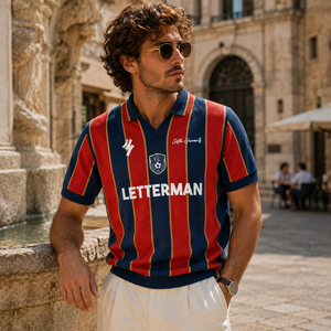 Retro Vertical Stripe Knit Polo Collar <b>Shirt</b> Men's Vintage Football Style Short Sleeve Pullover Sweater - Product Image 1