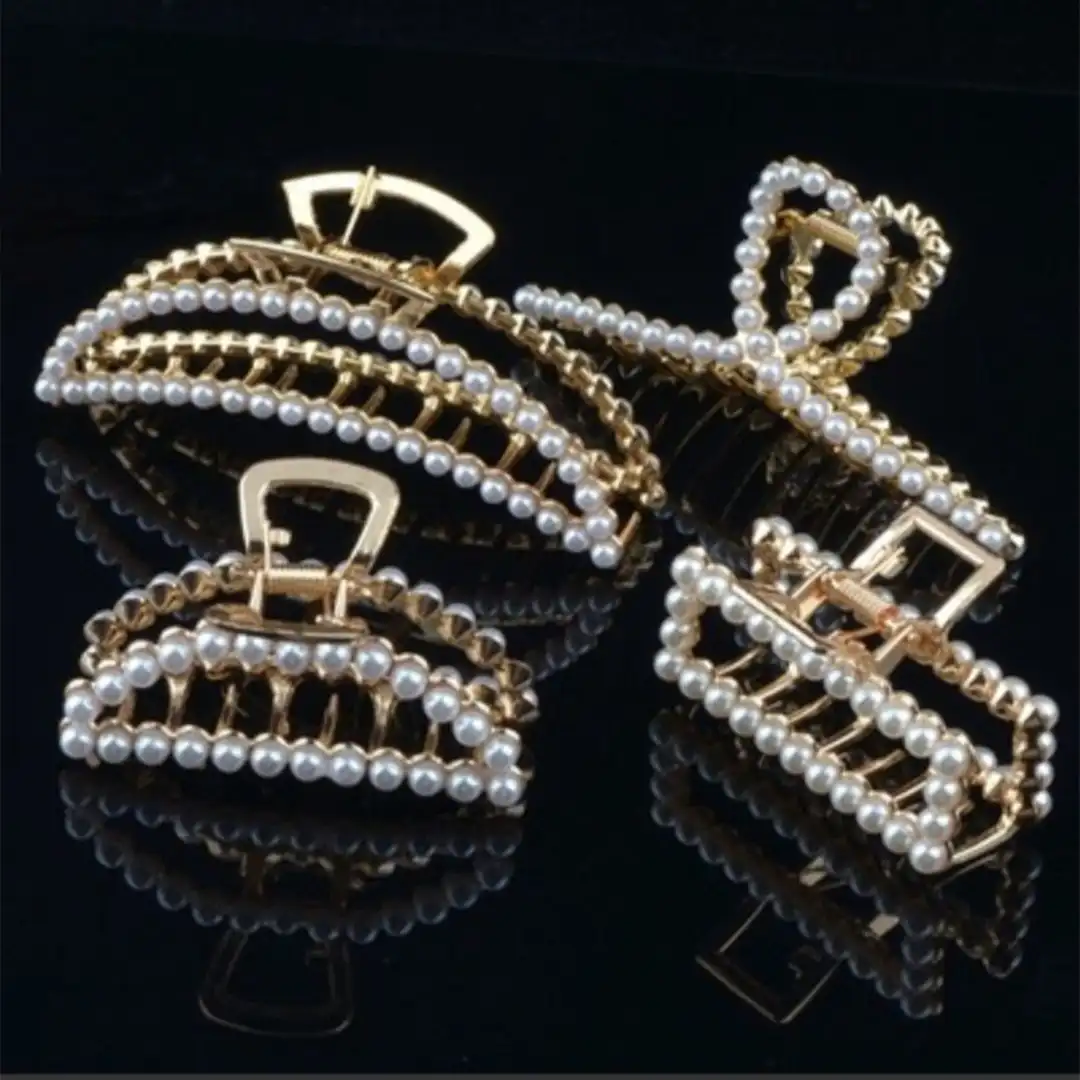 BOOOGE-Pinzas para el pelo con diamantes de imitación para mujer, accesorios para el cabello, pinzas para el pelo grandes de Metal dorado y perlas