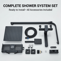 Ensemble de douche moderne en acier inoxydable poli, système de douche triangulaire à effet pluie et jets avec douchette à main, noir et chrome