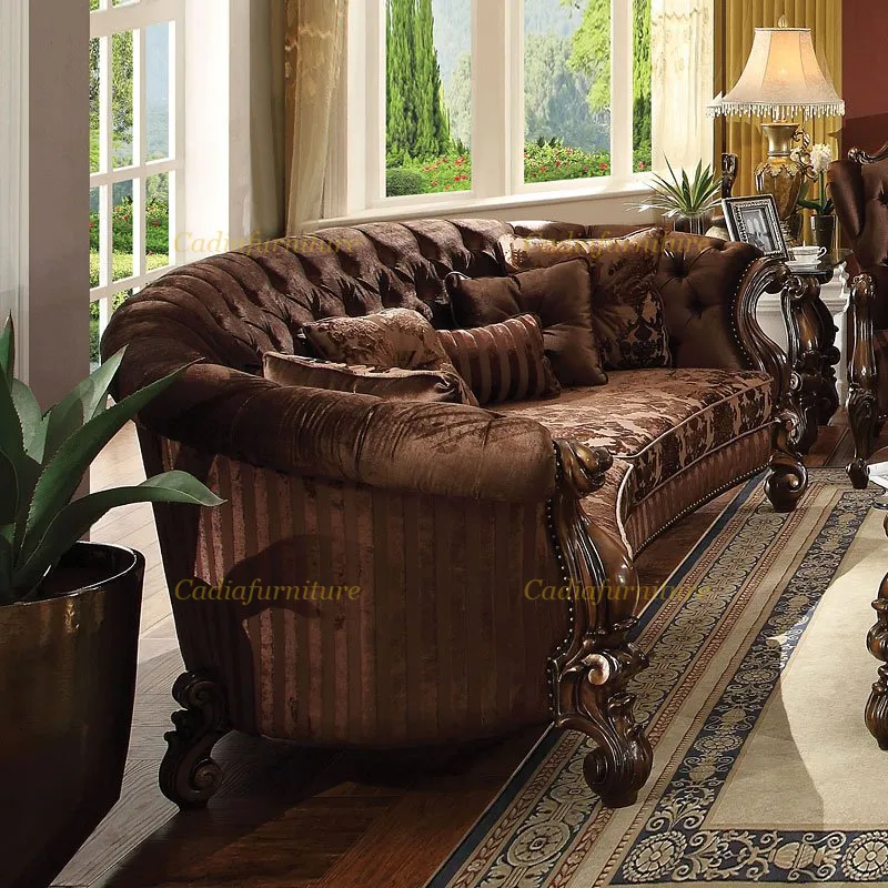 Ghế Sofa Phòng Khách Thiết Kế Kiểu Mỹ Trung Cổ Bộ Ghế Sofa Bọc Vải Cấu Trúc Bằng Gỗ Chạm Khắc Bằng Tay Sang Trọng