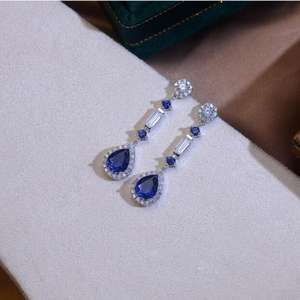 Pendientes Románticos para Mujer, Modelo RZER0116, Chapados en Oro y Plata, con Zafiro en Forma de Bola, Corte de 8x6mm, Color Azul, para Aniversario - Product Image 2