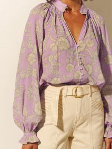 Abbigliamento da <span class=keywords><strong>donna</strong></span> Retro <span class=keywords><strong>Oversize</strong></span> camicia di cotone e lino alta qualità stampata a scollo a V manica lunga elegante camicetta Top - Product Image 2