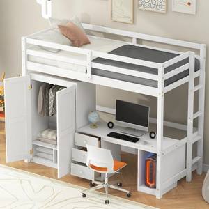 Lit pour enfants Loft avec armoire, bureau et tiroirs de rangement-Taille jumelle, meubles de chambre d'enfant peu encombrants - Product Image 4