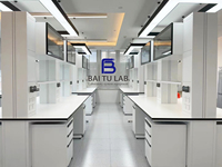 Banc de travail en acier avec plateau en résine phénolique pour laboratoire de R&D, avec colonne fonctionnelle, étagères à réactifs et armoires de rangement