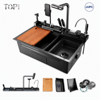 Évier de cuisine en acier inoxydable 304 noir nano fait main avec robinet cascade, planche à découper, support de téléphone et LED cUPC