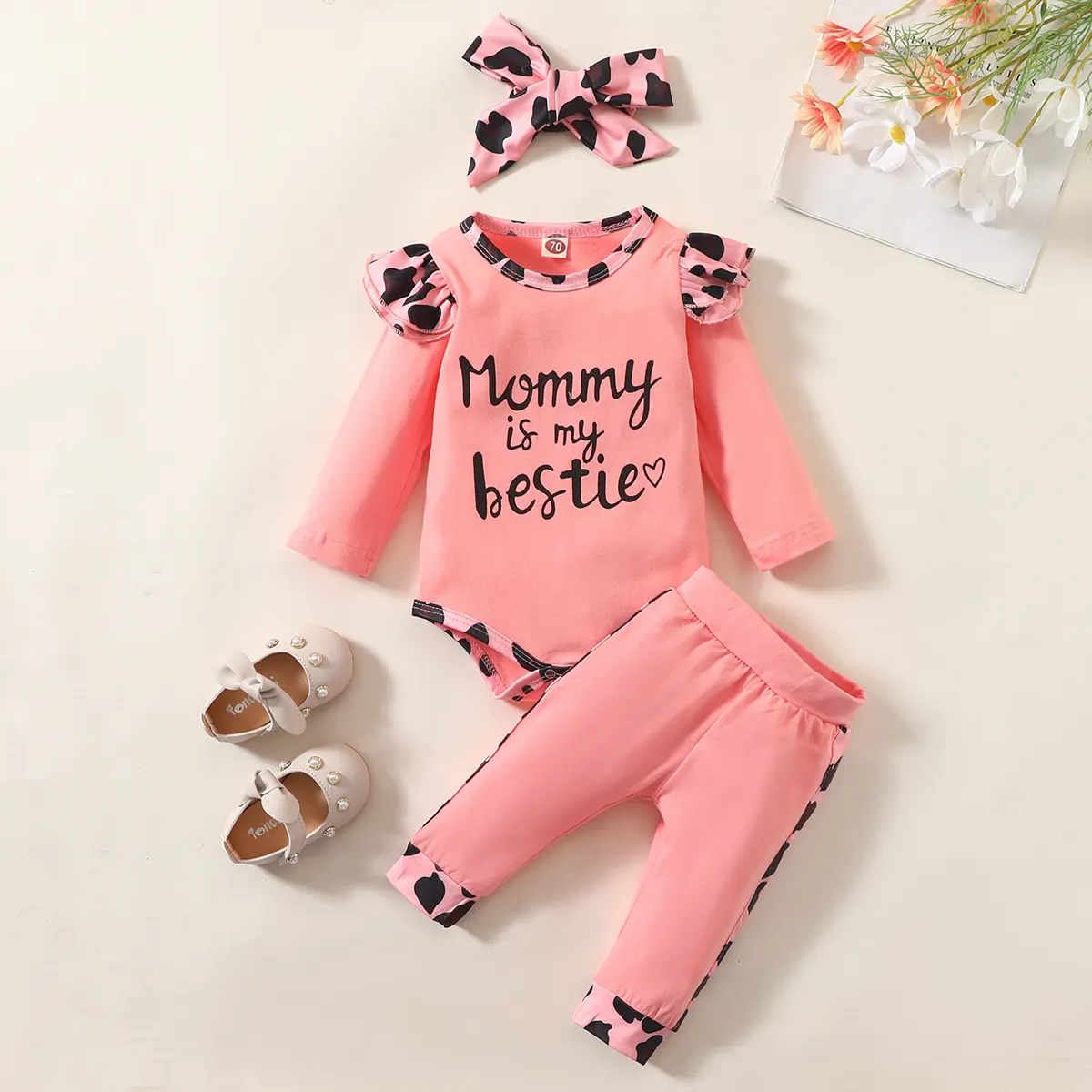 Newborn Girls Clothes Suit Long Sleeve Romper Pink Pants And Headband Set Newborn Baby Girls Outfit 3pcs
