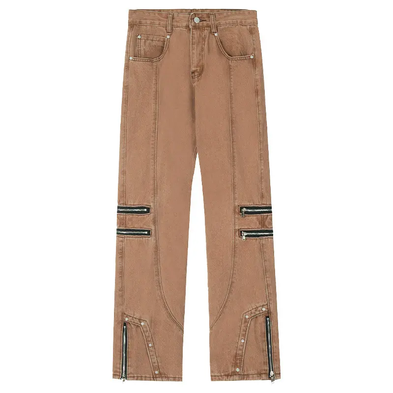 Zipper Large Line Overalls Design Double Knee Work Pants Designer Jeans Men Jeans Baggy