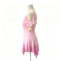Robe de patinage artistique rose dégradé à épaules dénudées et manches volantées, col en V, ornée de strass faits à la main, en maille, pour enfants et filles, danse sur glace