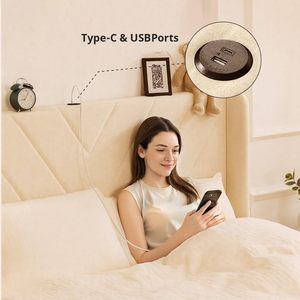 Dark Grey King Bed Frame <strong>USB</strong> Type-C Charging <strong>Ports</strong> Modern Style Metal <strong>Upholstered</strong> Platform Padded <strong>Headboard</strong> Storage Drawers - Product Image 5