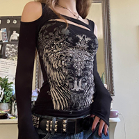 T-shirt tricoté respirant à manches longues et épaules dénudées pour femme, style gothique Y2K, imprimé animal numérique, coupe ajustée