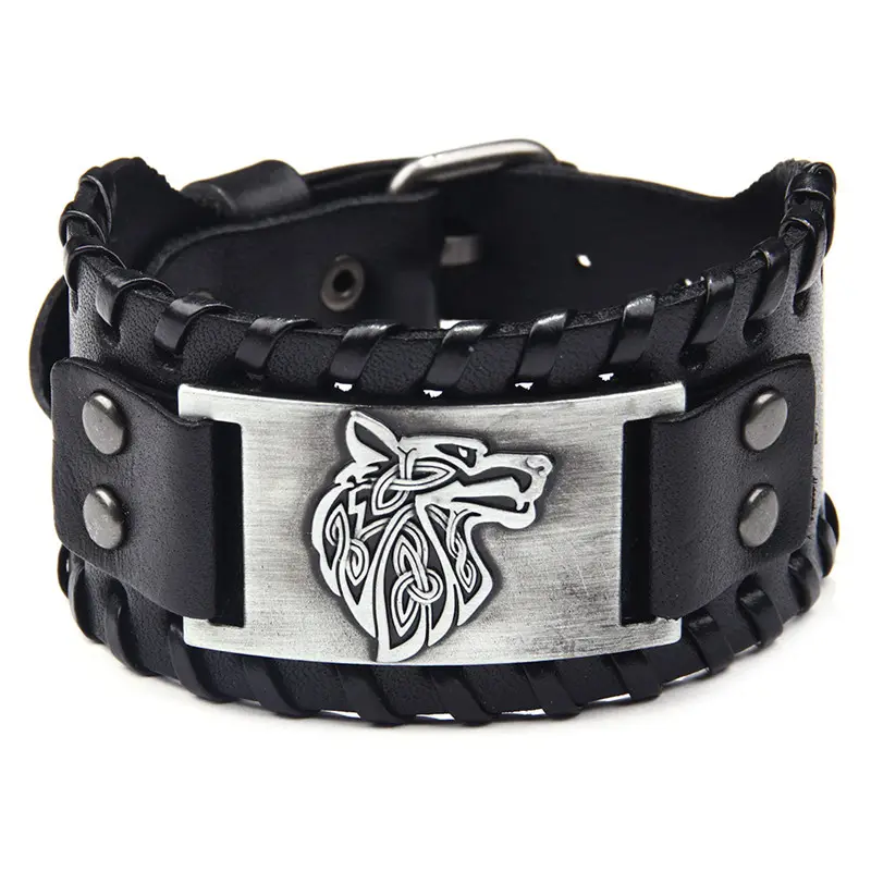 2022 New Cool Punk Antiek Zilver Metalen Wolf Hoofd Relief Charme Brede Gevlochten Lederarmband Heren Armband