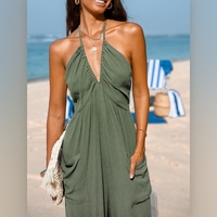 Combinaison pour femme à col en V profond, sans bretelles, sans manches, plissée, avec poche, dos noué, jambes larges, poignets retroussés