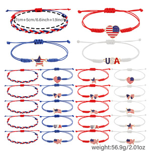 สร้อยข้อมือแฟชั่นชาร์ม 24 ชิ้นชุดสีแดงสีขาวสีฟ้าธงชาติสหรัฐอเมริกาหัวใจดาวโลหะผสมด้ายเคลือบแว็กซ์ของขวัญสำหรับทุกเพศเครื่องประดับ - Product Image 4