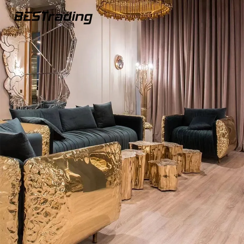 Canapé 3 places en cuir avec pieds en acier inoxydable doré, meuble de salon, haut de gamme, européen et italien
