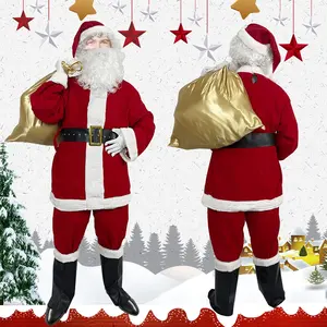 10 Stück Weihnachtsmann Kostüm Herren Weihnachtsmann Kostüm Weihnachtsanzug für Herren Hut Schal-Top Hosen Gürtel Stiefel Mittlerer Bart Perücke-Set