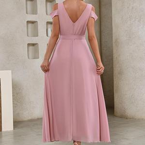 <span class=keywords><strong>Robe</strong></span> d'été décontractée pour femmes en mousseline de soie rose Maxi Dress Breathable Pure Polyester High Waisted Solid Color A-Line Long Belted Tie - Product Image 5