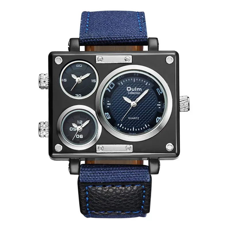 Oulm 3595 Top Brand Luxury Men Watches Unique Designer Watches Men Fashion Square Big Face 3 Time Zone Casual Quartz Watch