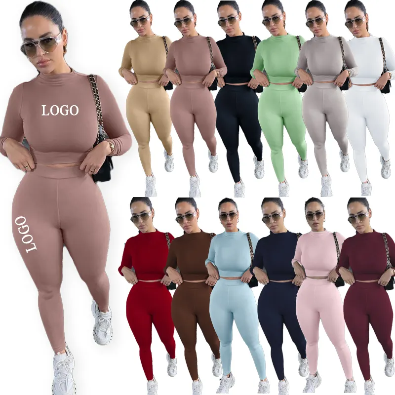 Plus Size Frauen 2 Stück Hosen Set Kleidung Damen Sets sexy Ernte Langarm solide Rundhals ausschnitt Tops Trainings anzug Private Label