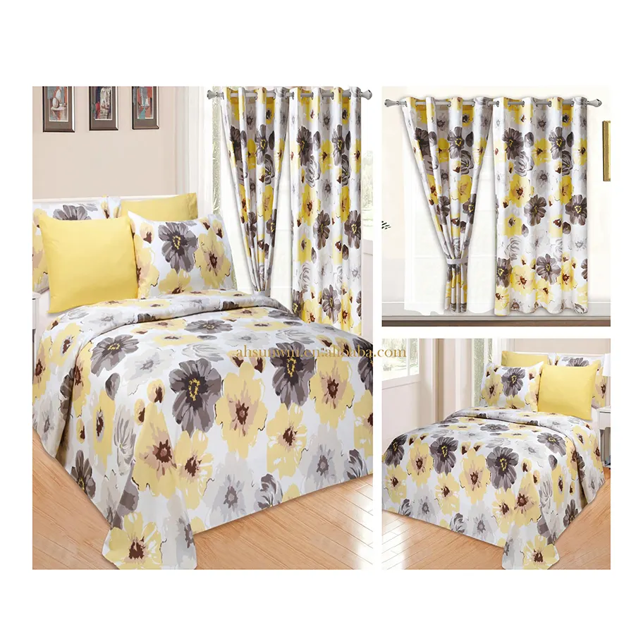 Ready to ship Yellow Floral Printed Bedding Sets with 2 Curtains 8 Pcs Bed Sheets Sets