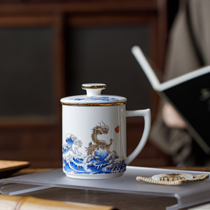 Tasse de bureau en porcelaine de jade Guanlan avec couvercle et infuseur à thé, cadeau d'affaires, tasse à thé en céramique haut de gamme - Product Image 3