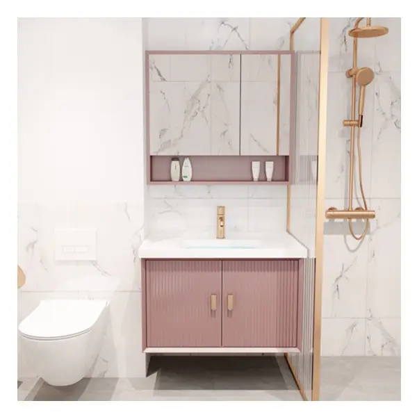 Ensemble de meuble de salle de bain suspendu au mur à la mode Miroir en bois de couleur rose Vanité et lavabo avec tiroirs