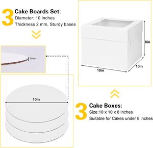 Moretoes กล่องเค้กสีขาวทรงสูง10นิ้ว3แพ็ค, กล่องเค้กสีขาวทรงสูงปรับแต่งได้ภาชนะที่ใช้แล้วทิ้งสำหรับวันเกิดสำหรับขนมอบ - Product Image 3