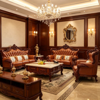 Europäischer Stil Ledersofa-Set 3-Sitzer 2-Sitzer 1-Sitzer Geschnitzter Holzrahmen Luxus Wohnzimmer Hotel Möbel
