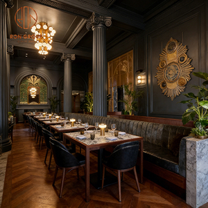 Table et chaise de <span class=keywords><strong>restaurant</strong></span>, banquette et mobilier de café vintage en pierre frittée carrée, avec cadre en bois et revêtement en velours, pour une assise en demi-cercle - Product Image 2