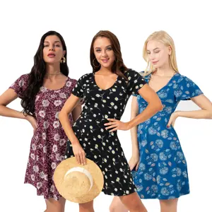 Summer Fashion Casual Short Sleeve Sexy Ladys Elegant Clothing Mini Floral Knit Print Puffy Swing Dresses For Women