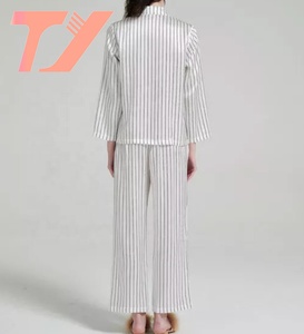 Wholesale Custom Fall Winter Women Clothing Long Sleeve <strong>Black</strong> Stripe Two Piece Pajama Set Loungewear Satin <strong>Silk</strong> Pjs <strong>Pyjamas</strong> - Product Image 2