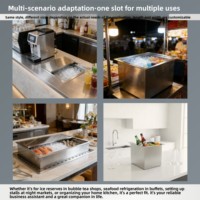 Distributeur de boissons artisanal intégré à un seul bac en acier inoxydable 304 avec compartiment congélateur, design moderne, finition brossée/polie, deux options