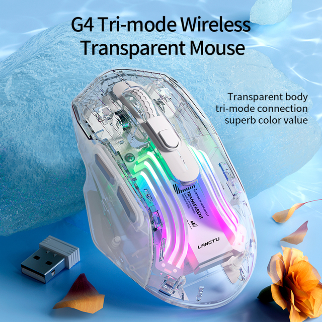 Langtu G4 Three-mode Wireless Transparent Mouse RGB Light Effect Silent Office Esports Game Mouse