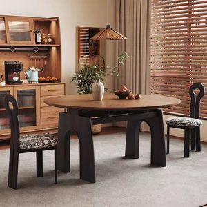 Vintage Style Solid Wood Dining <b>Table</b> <b>Round</b> Extendable <b>With</b> Wooden Track Home Use Rubber Wood Finish - Product Image 3
