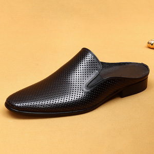 Openwork genuine <b>leather</b> closed-toe <b>slippers</b>, half-covered cowhide men's casual shoes, retro men's shoes - Product Image 6