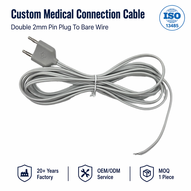 Custom Medical Class I Connection Cable Double 2mm Pin Plug to Bare Wire Model OEM-0014 1 Year Warranty