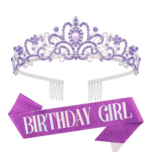 Набор тиары со стразами на день рождения, разноцветные блестящие Наплечные ремни для дня рождения девушки и королевы, набор короны для вечеринки на день рождения