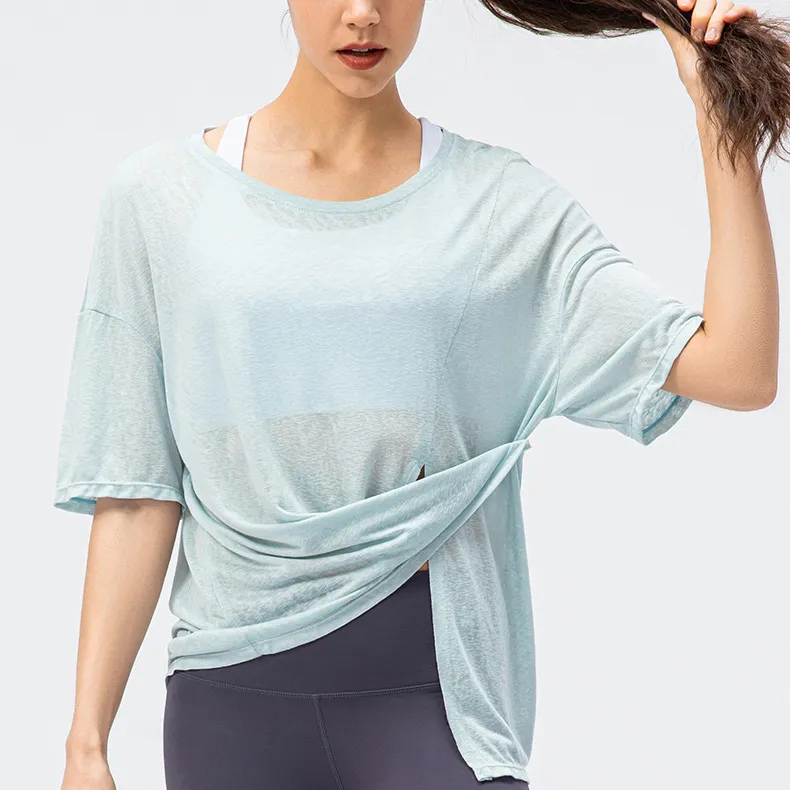 Camiseta de gran tamaño para mujer, ropa para correr, transpirable, Irregular