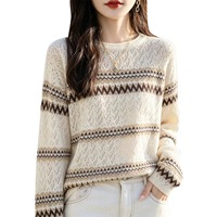 Pull en tricot ajouré à col rond pour femme, style vintage, à rayures jacquard, manches longues, coupe ample et décontractée, idéal pour le quotidien, collection automne-hiver