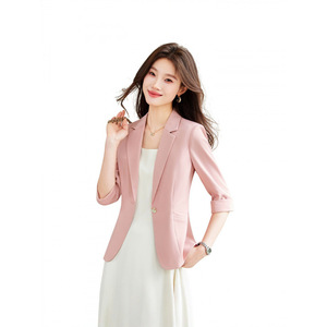 Women's Blazer Light Blue Solid Color Three Quarter Sleeve Slim Fit Casual Office Wear - Product Image 5