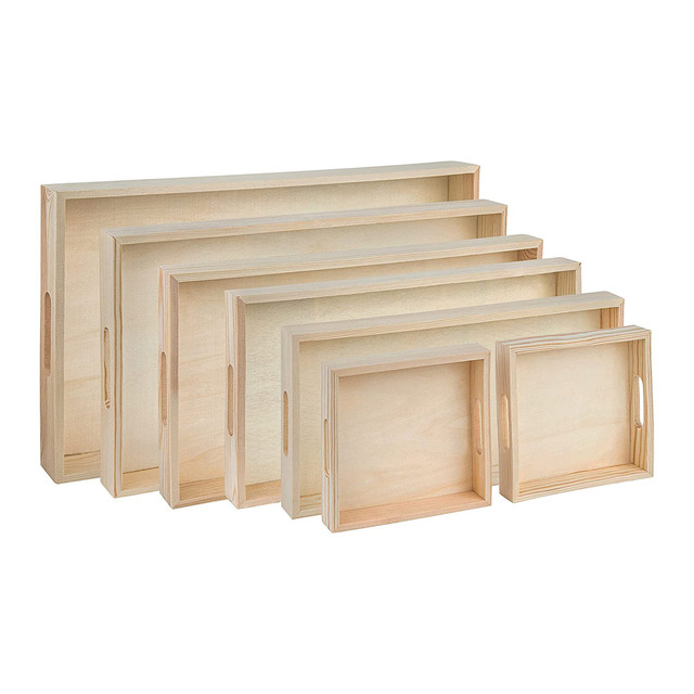 7 Pack Rectangular Shape Wooden Nested Serving Trays for Kitchen Crafts & Pastries Cut Handles Nested Dishes & Plates