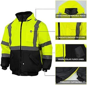 Áo khoác bomber mùa đông nam, đạt tiêu chuẩn ANSI Class 3, chất liệu phản quang, lót lông cừu, cổ đứng, logo phía trước, màu vàng - Product Image 4