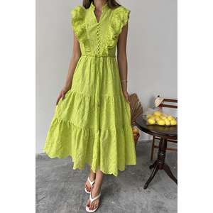 Vestido Verde Oliva con Volantes, Corte en A, Cintura Natural, Tejido Transpirable, Informal, para Uso Diario - Product Image 2