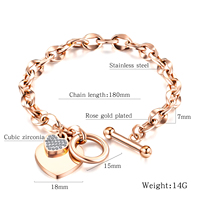 Bracelet en acier inoxydable avec fermoir à cadenas et zircon en forme de cœur pour femmes, vente en gros d'usine, haute qualité, grand stock
