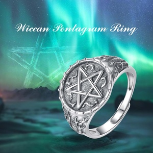 Prix de gros bijoux Vintage argent Sterling 925 ouvert taille réglable anneau pentagramme Wiccan pour hommes - Product Image 5
