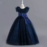Robe de princesse bleu marine de luxe avec jupe en tulle étoilée, nœud élégant, longueur ras du sol, robe de soirée formelle pour filles, écologique