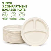 Assiettes jetables rondes en bagasse de canne à sucre à 3 compartiments de 9 pouces pour la restauration et les fêtes - Vente en gros