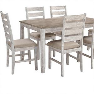 Ensemble de table à manger de style campagnard, 7 pièces, table rectangulaire en bois, chaises à dossier en échelle, finition blanc et brun clair |   Chic côtier - Product Image 1