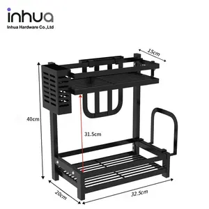 ชั้นวางของ2ชั้นวางเครื่องเทศในครัวมีดสีดำและท่อส้อมพร้อมชั้นวางเขียง